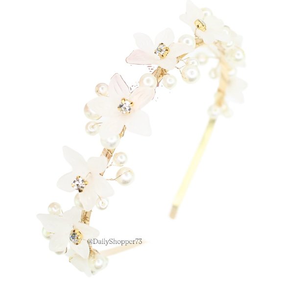 Gold and White Floral Hair Accessory with Crystal Accents